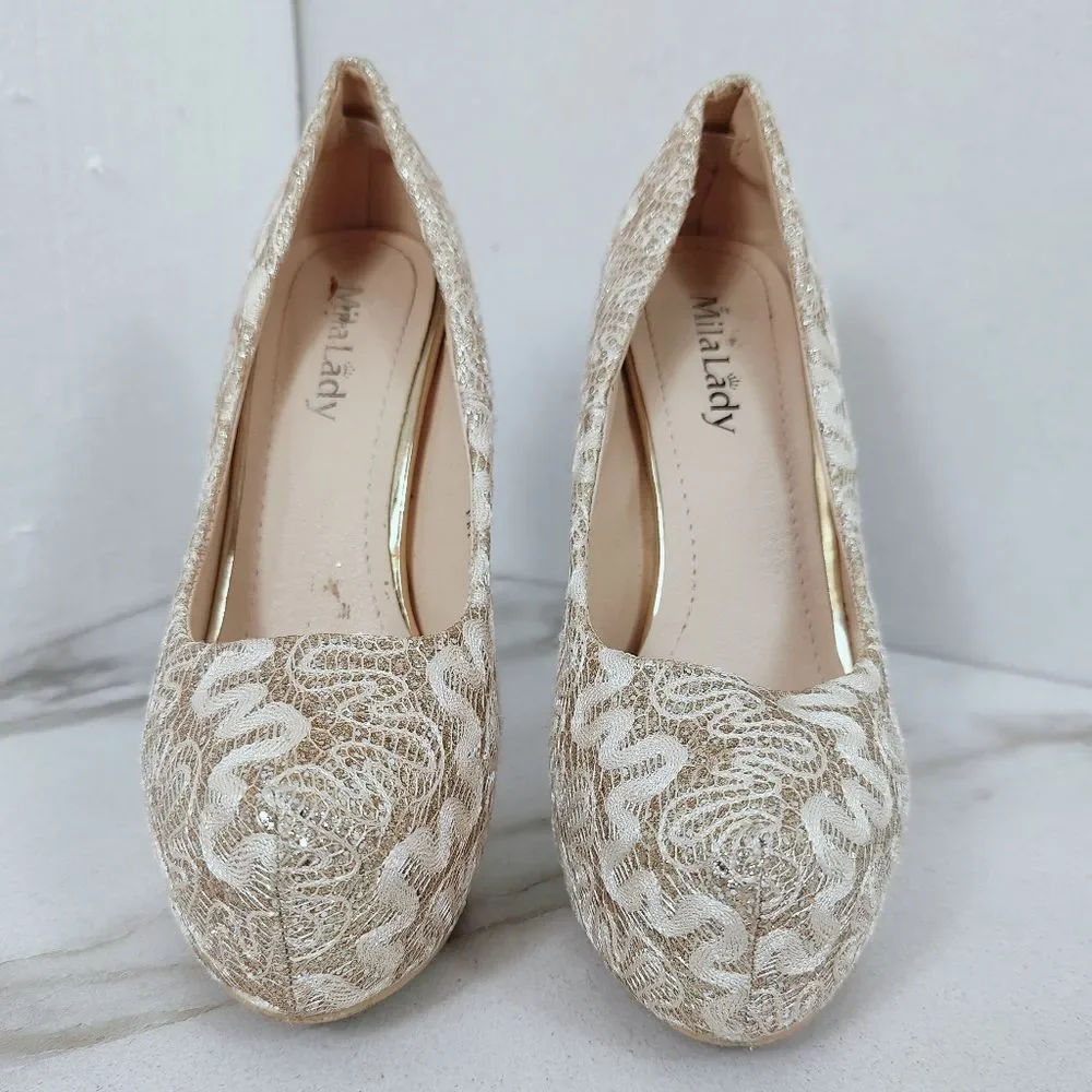Mila Lady Fay Gold Cream Glitter Lace Platform Stiletto Heels, Sz 5.5